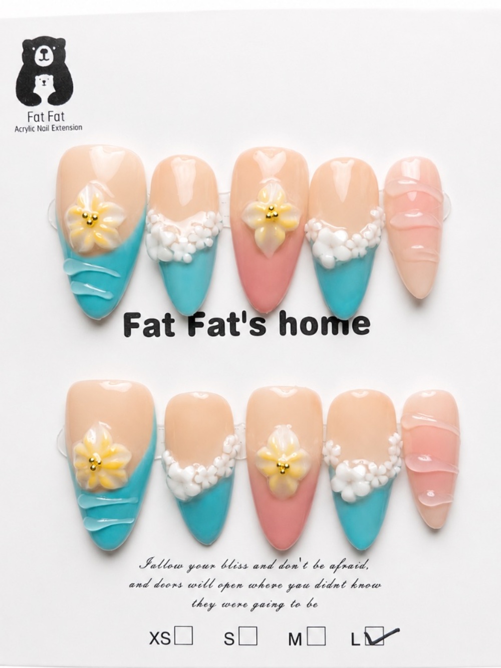 NEW Pastel Teal/Coral French Tips Press On Nails | 3D Flowers | Long Almond | LG